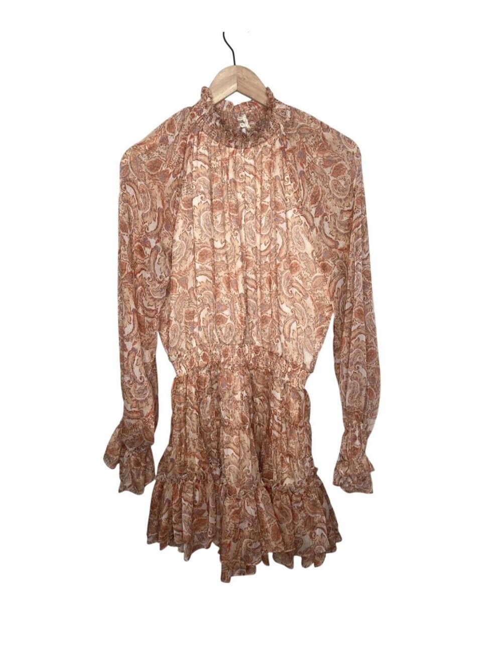 Fate Paisley Boho Orange Long Sleeve Smocked Waist Mini Dress Size Large